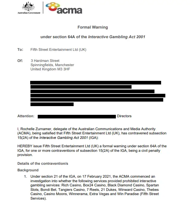 ACMA 2021 formal warning excerpt naming Rich Casino and richcasino.com