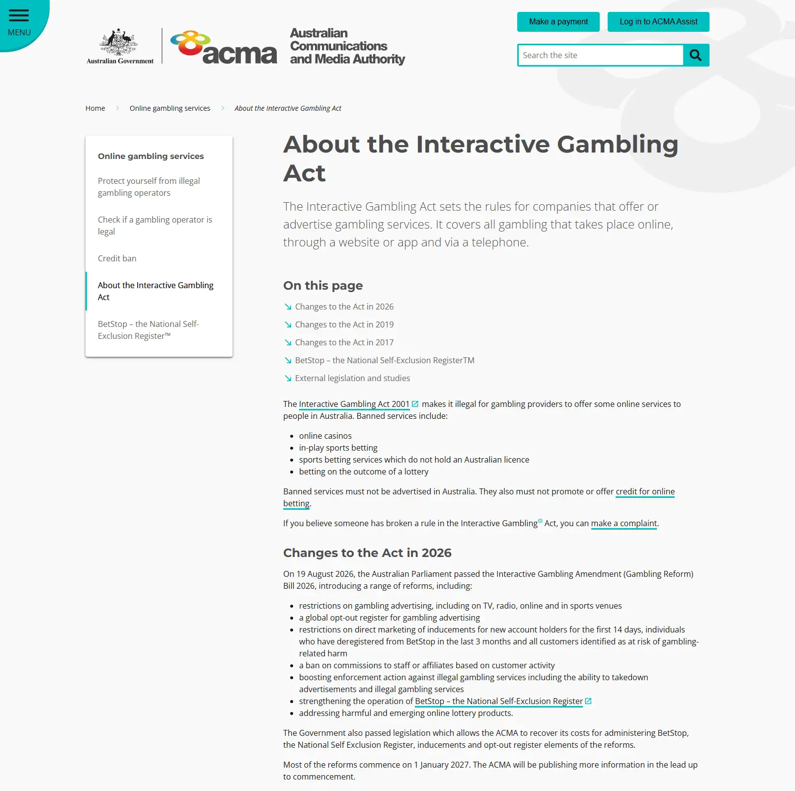 ACMA Interactive Gambling Act page showing online casinos among banned services