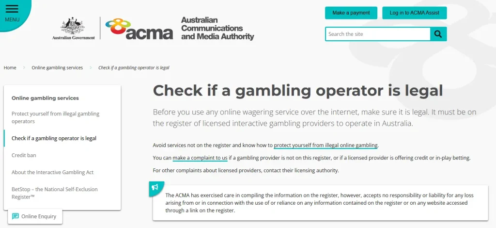 ACMA register of licensed interactive gambling providers used for the Rich Casino local licence check
