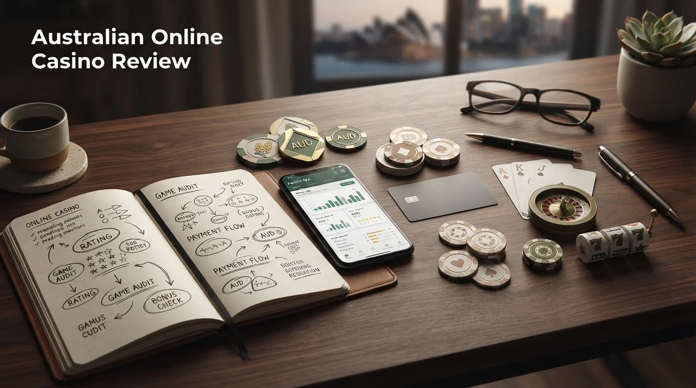 Analytical Australian online casino review workspace with AUD, payments, mobile and game category motifs
