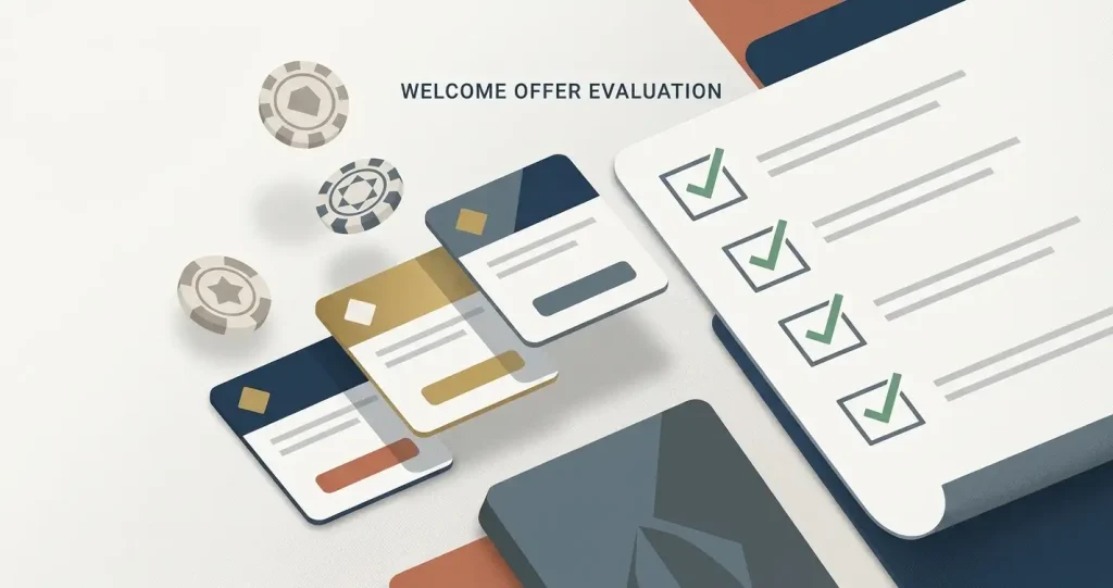 Analytical illustration of a multi-stage casino welcome offer with deposit steps, free-spin tokens and a terms checklist