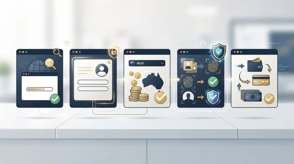 Editorial illustration of a neutral account setup flow with domain check, currency choice, identity verification and withdrawal readiness