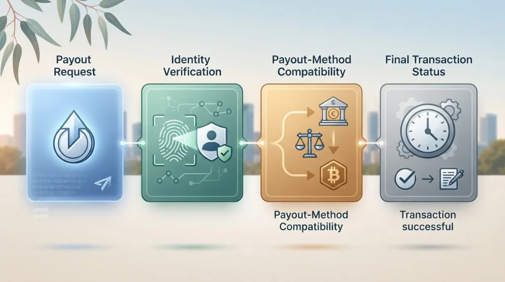 Editorial illustration of a withdrawal request moving through identity verification, payout method matching and status checks