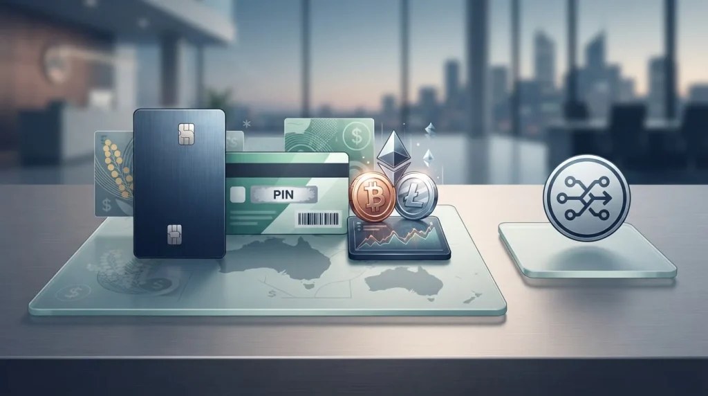 Editorial illustration of Australian dollar payments using cards, vouchers and cryptocurrency with a separate unverified PayID context marker