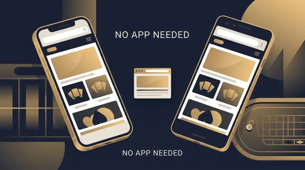 Editorial illustration of casino browser access on iPhone-style and Android-style phones without app-store badges
