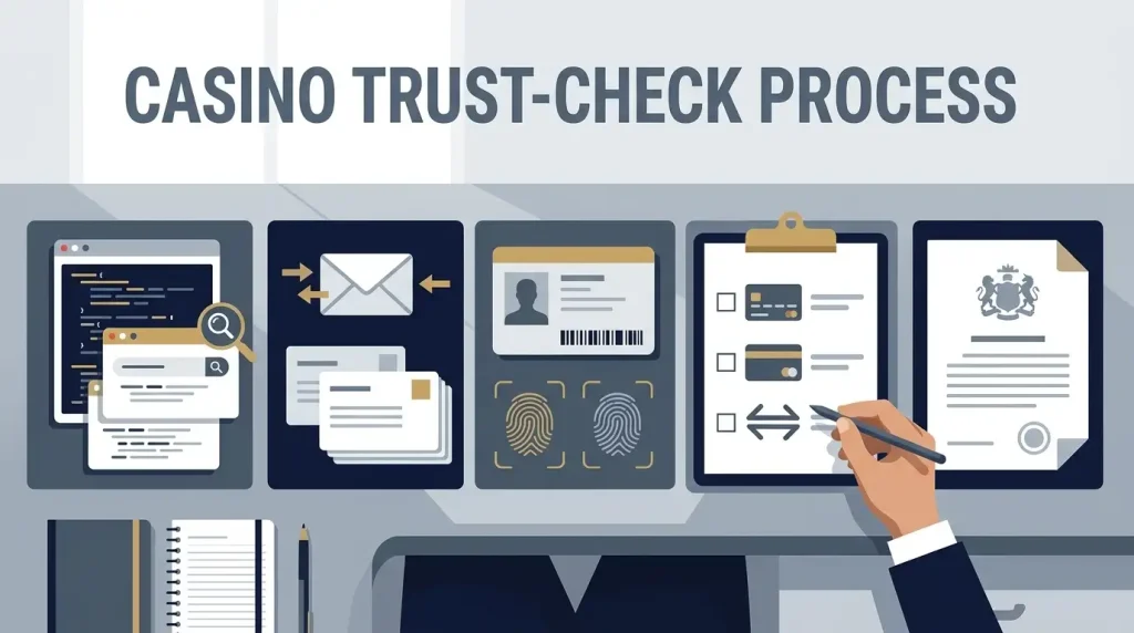 Editorial trust checklist showing source verification, support, KYC, payments and regulator context