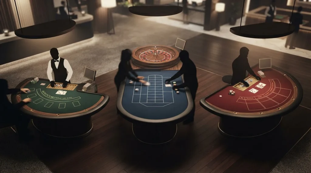 Generic live casino tables representing blackjack, roulette and baccarat without casino branding