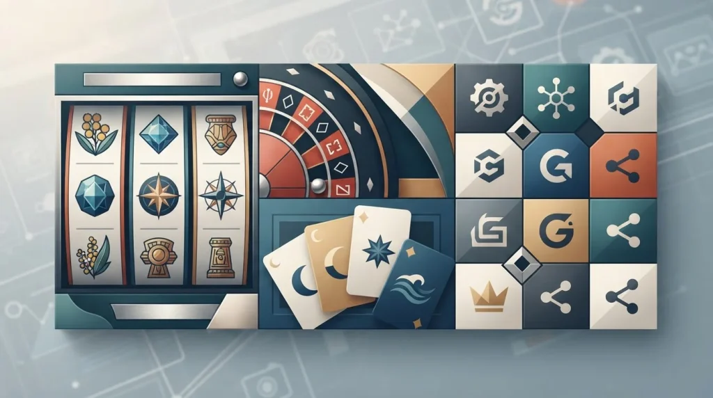 Illustration combining pokies reels, blackjack cards, roulette and a neutral provider-grid motif